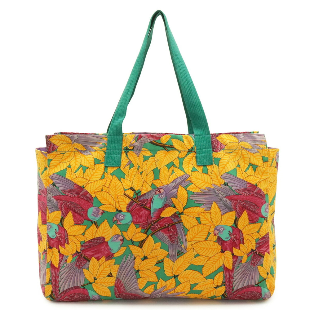 HERMES Large Tote Bag/Shoulder Bag with Botanical Bird Print, Canvas, Yellow,...